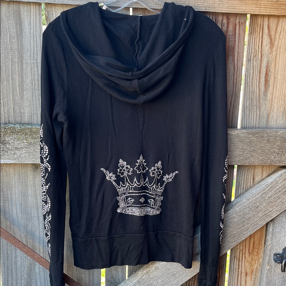 Black Zip-Up Hoodie with Rhinestone Accents - Picture 3 of 3